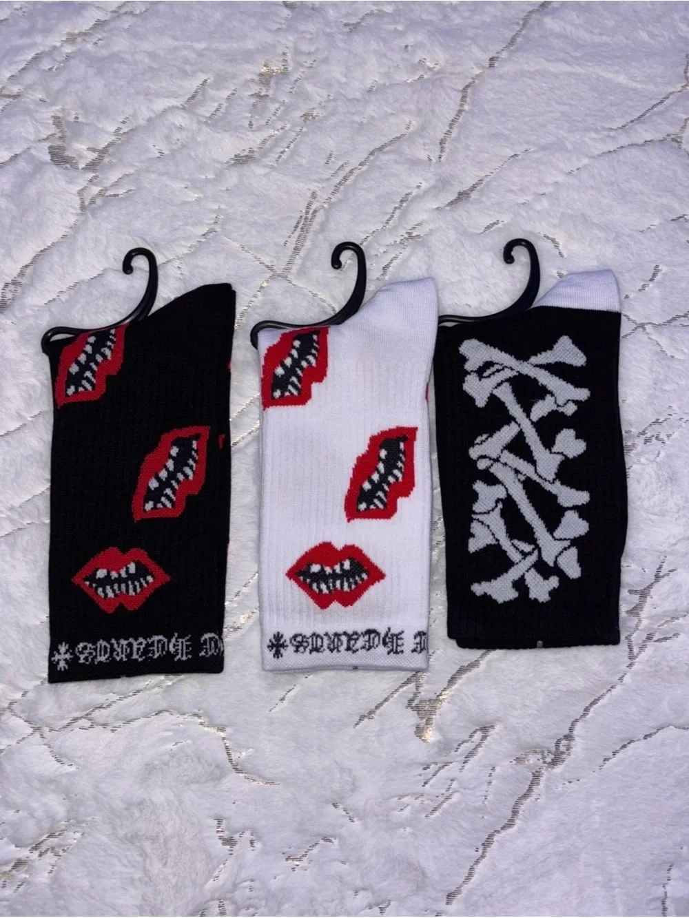 Chrome Hearts Black & White Crew Socks with Red Lip and Bone Motifs
